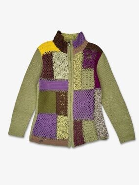 VTG ROCKFORD Patchwork Crochet Colorblock Cardigan Sweater Zip Front S Green Y2K